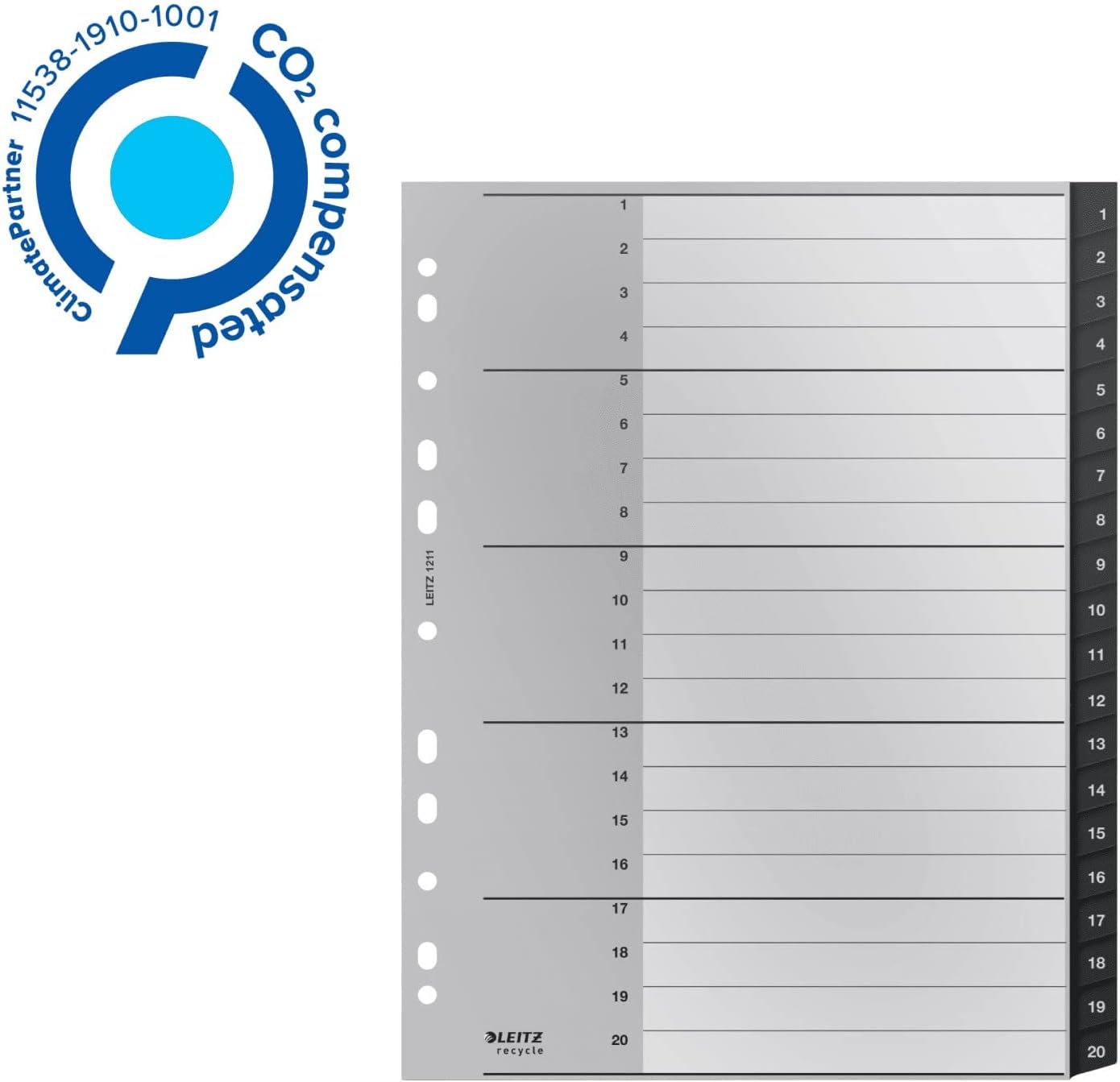 Leitz Index Folder Divider, 1-20 Numerical Tabs, A4, Extra Wide, 90% Recycled Plastic, Eco Friendly, Premium Quality, Recycle Range, 12110095, Black, 30.9 x 24.3 x 0.6 cm