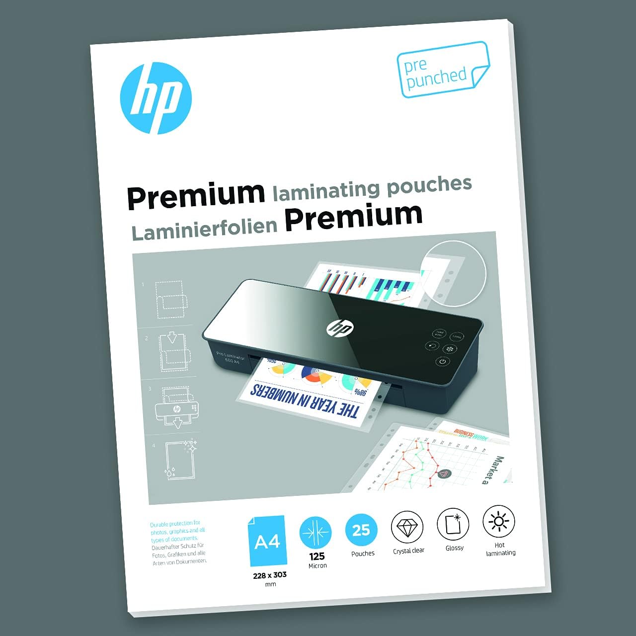 HP Pre-Punched Premium Laminating Pouches, A4, 125 Micron, Pack of 25