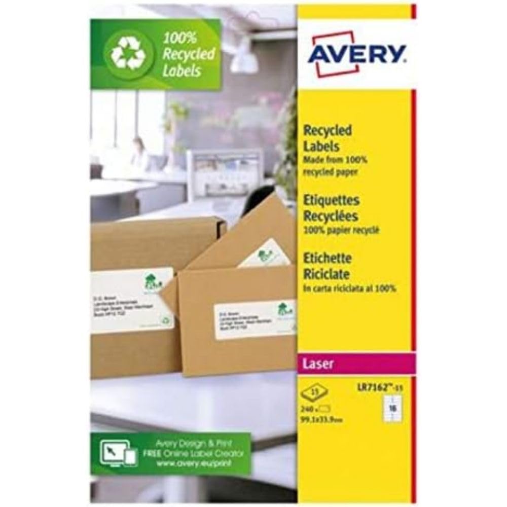 Avery Self Adhesive Recycled Parcel Shipping Labels, Laser Printers, 1 Label Per A4 Sheet, 100 Labels, QuickPEEL (LR7167) White