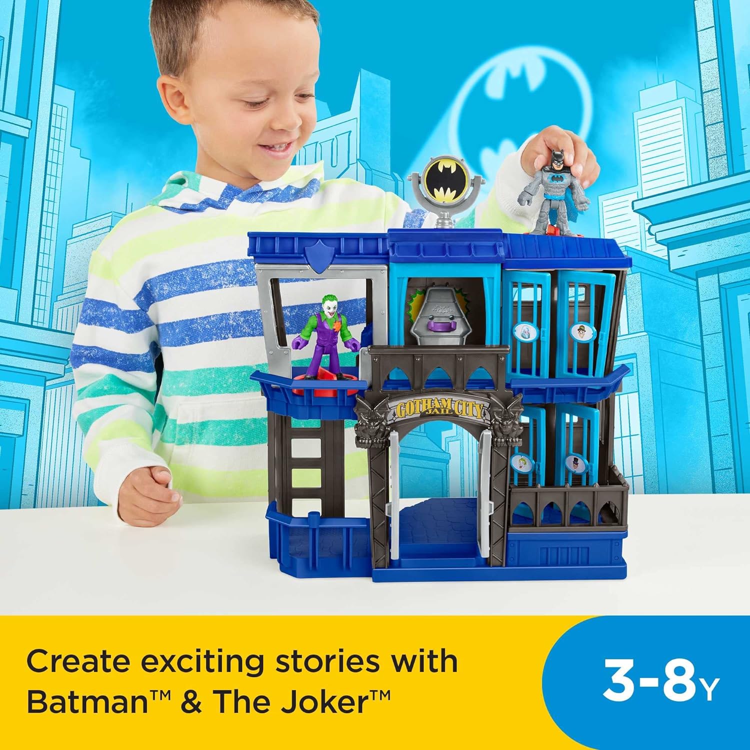 Fisher Price Imaginext DC Super Friends Gotham City Jail Recharged & Imaginext DC Super Friends Bat-Tech Bat-Signal Multipack, figure set of 4 characters with lights and accessories for kids ages 3+ +