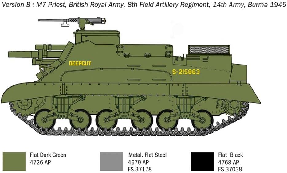 Italeri 6580S 1:35 US M-7 Priest Howitzer Self-Prop, Construction, Standing Model Making, Crafts, Hobby, Gluing, Plastic Kit, Navy Green