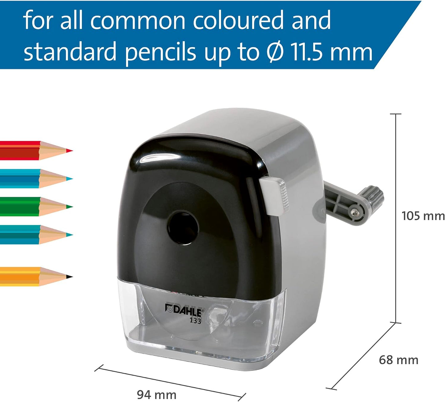 Dahle 133 Manual Standard and Oversized Pencil Sharpener - Adjustable Point, Shavings Cup, Mounting Clamp - for Home and Office Use - Silver Black
