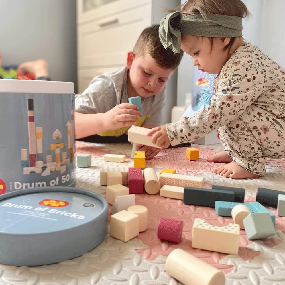 Bigjigs Toys, FSC® Certified Drum of 50 Bricks, Wooden Toys, Building Blocks, Kids Building Blocks, Building Blocks For 1 & 2 Year Olds, Wooden Blocks For 1 Year Old, Montessori Toys