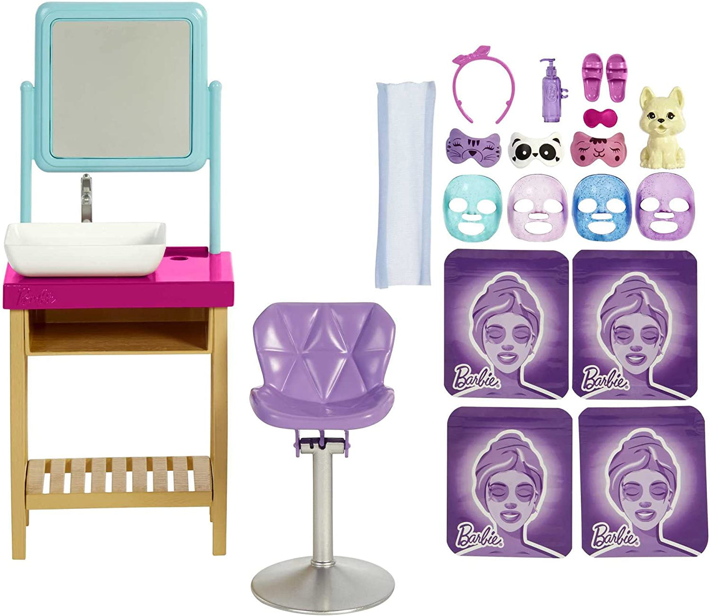 Barbie Sparkle Spa Day Playset, Blonde Doll, 7 Masks, Sink, Mirror, Chair, Total 15+ Accessories, 3 to 7 Years Old, 7 x 11.4 x 27.2 cm; 540 Grams