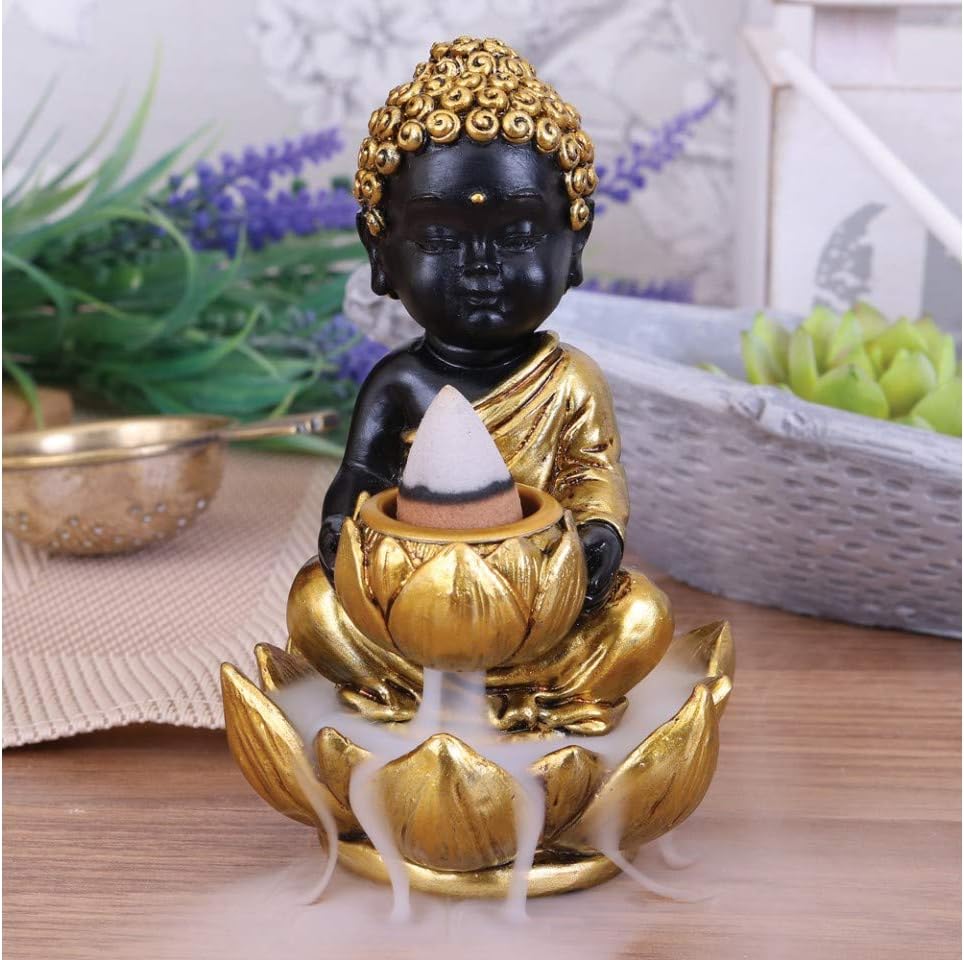 Black & Gold Baby Buddha Backflow Incense Burner 10.3Cm