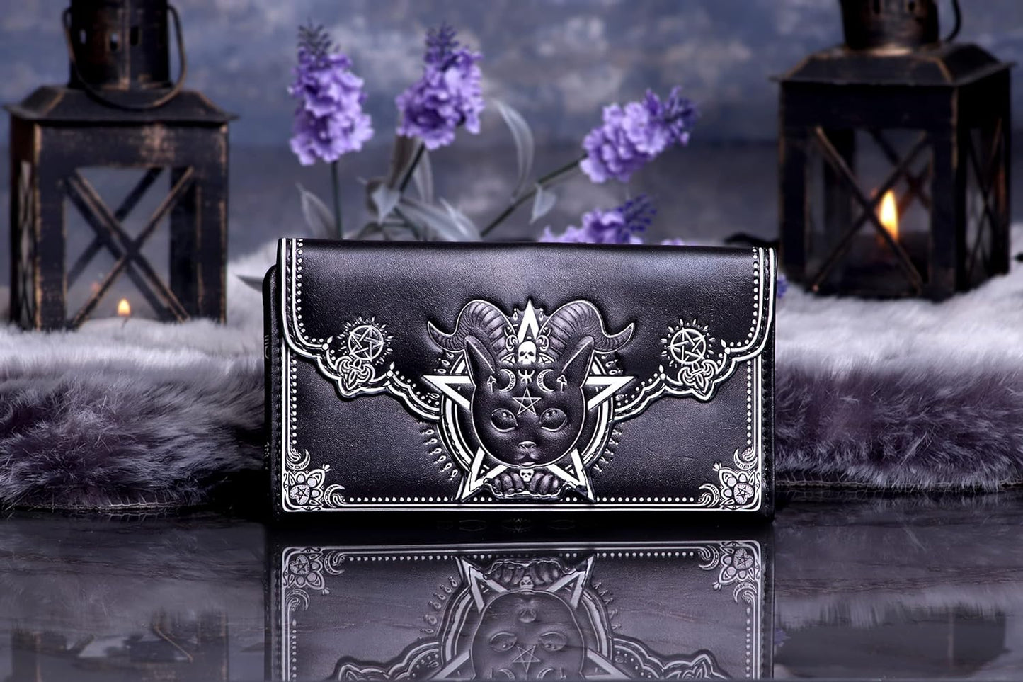 Nemesis Now Pawzuph Embossed Purse 18.5cm, PU Leather, Black, Horned Cat Purse, Stylish and Practical, Multiple Slots for Cash and Cards