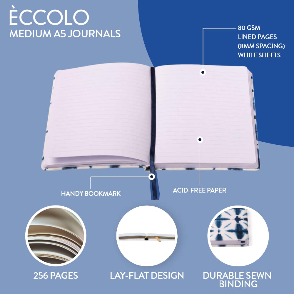 Eccolo Medium Lined Journal Notebook, Flexible Cover, A5 Writing Journal, 256 Ruled White Pages, Ribbon Bookmark, Lay Flat, Notebook for Work or School, Shibori (5.75-x-8.25 inches