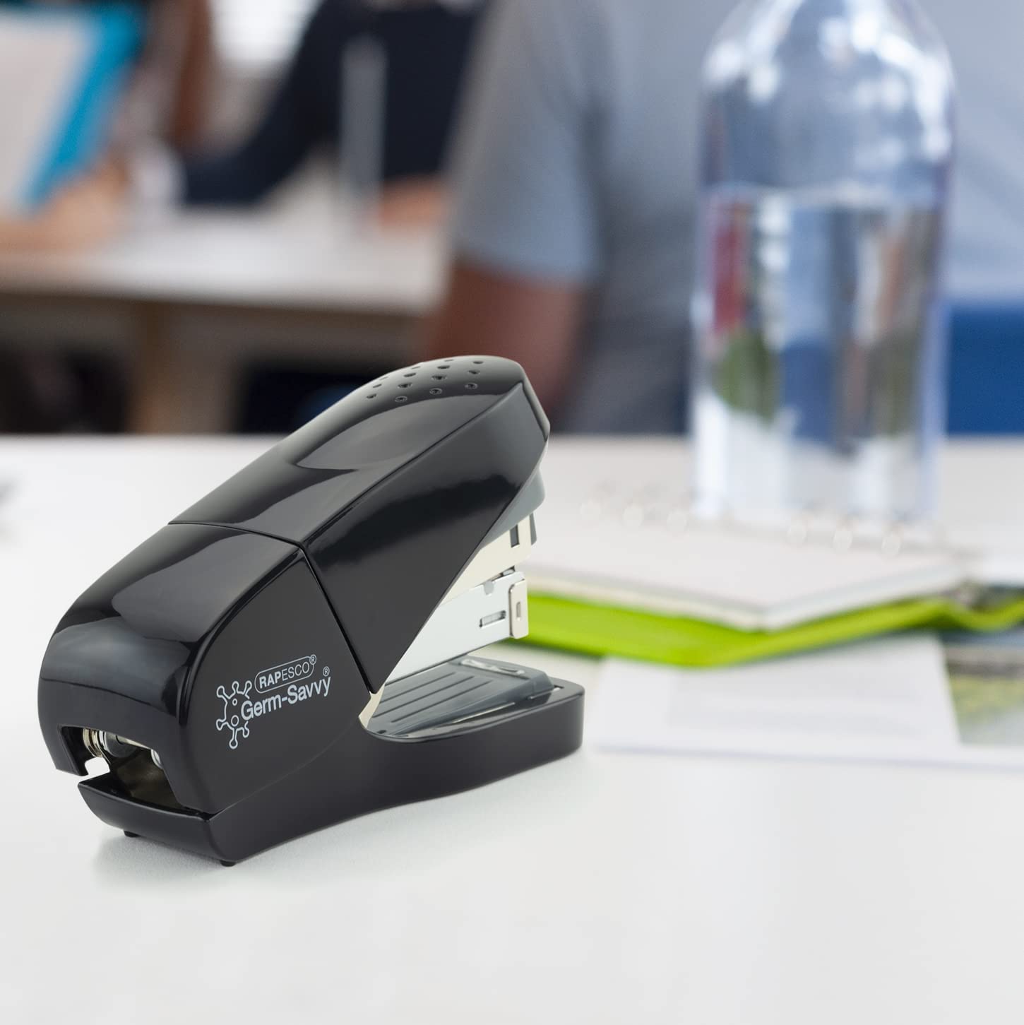 Rapesco 1688 Germ-Savvy Antibacterial, ECO Less Effort Flat Clinch Stapler with 2000 24/6 mm Staples, 35 Sheet Capacity, Uses 24/6 mm Staples, Black Black Flat Clinch Set