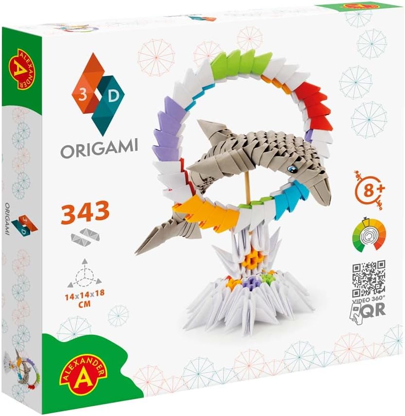 Alexander Origami 3D 501828-3D Origami Dolphin - Beautiful 3D Paper Sculpture with Patented Components and Easy-to-Clear Building Instructions, 343 Pieces, 14 x 14 x 18 cm, from 8 Years