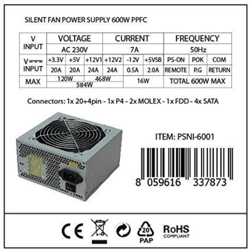 Alimentatore 600W Atx Silent Fan