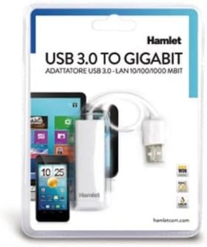 Hamlet HNU3GIGA adaptador y tarjeta de red Ethernet 1000 Mbit/s - Accesorio de red (Alámbrico, USB, Ethernet, 1000 Mbit/s, Blanco