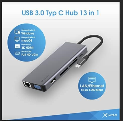 XLayer USB 3.0 Typ-C Hub 13-in-1 Grey