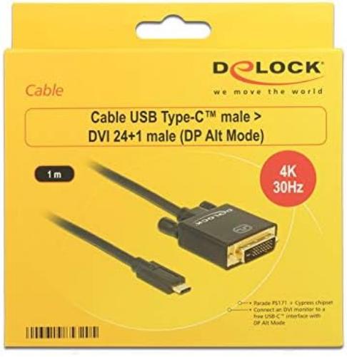 Delock DP Cable USB Type C Male to DVI 24 + 1 Male (Old Fashion) 4 K 30Hz/1 m Black