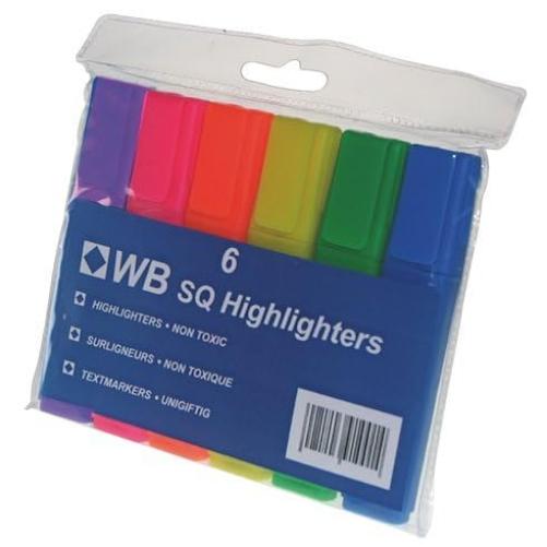 TANGERINE DREAM UK WB Box of 6 Assorted Square Highlighters Marker Pens With Chisel Tip 1-4mm Line Contains Green Yellow Orange Pink, Blue & Purple Non Toxic Ink