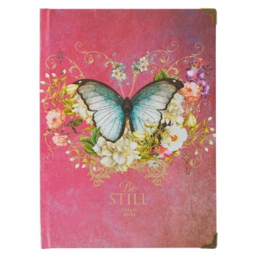 Christian Art Gifts Butterfly Journal W/Scripture Be Still Psalm 46:10 Bible Verse Road/288 Ruled Pages, Large Hardcover Pink Notebook