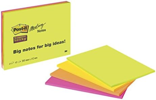 Post-it Super Sticky Meeting Notes, Pack of 4 Pads, 45 Sheets per Pad, 203 mm x 152 mm, Green, Pink, Yellow, Orange Colors - Large Extra Sticky Notes For Note Taking, To Do Lists & Reminders