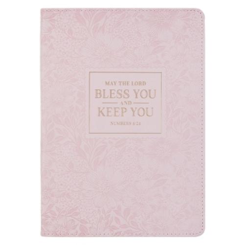 Christian Art Gifts Classic Journal Bless You and Keep You Num. 6:24 Bible Verse, Inspirational Scripture Notebook, Ribbon Marker, Pink Vegan Leather Flexcover, 336 Ruled Pages, (8.6" X 6.1" X .9")