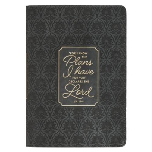 Christian Art Gifts Classic Journal for I Know the Plans Jer. 29:11 Bible Verse, Inspirational Scripture Notebook, Ribbon Marker, Black Vegan Leather Flexcover, 336 Ruled Pages, (8.6" X 6.1" X .9")
