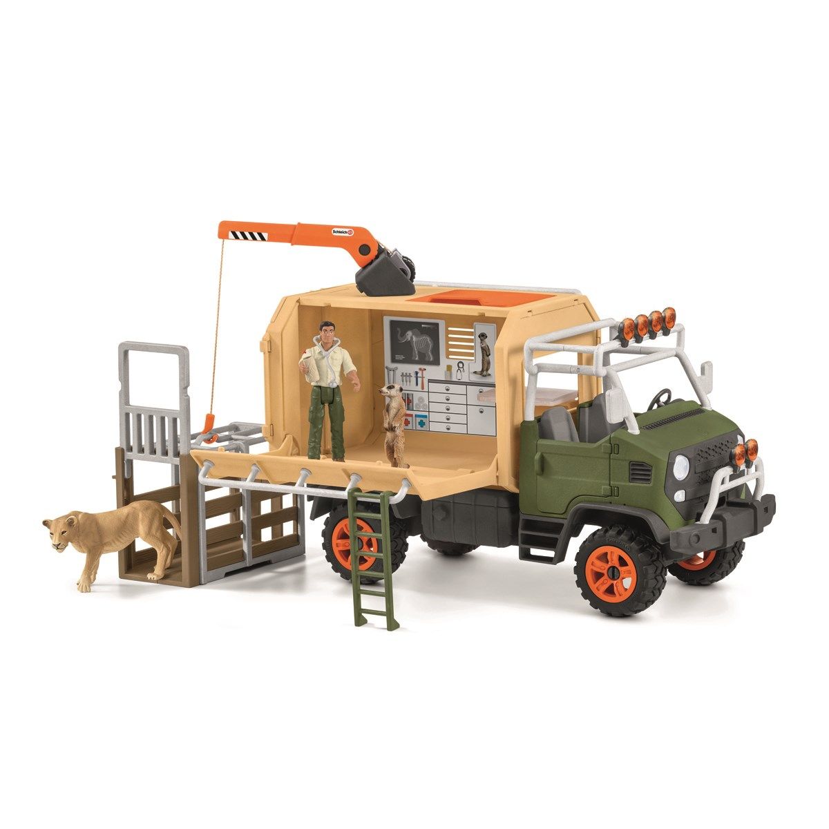 SCHLEICH WILD Life | Großer Truck Tierrettung 42475 | detailgetreues Spielset mit Truck, 2 Tierfiguren Löwe & Erdmännchen, beweglicher Ranger Figur und Zubehör | Spielfiguren ab 3 Jahren | 45 Teile