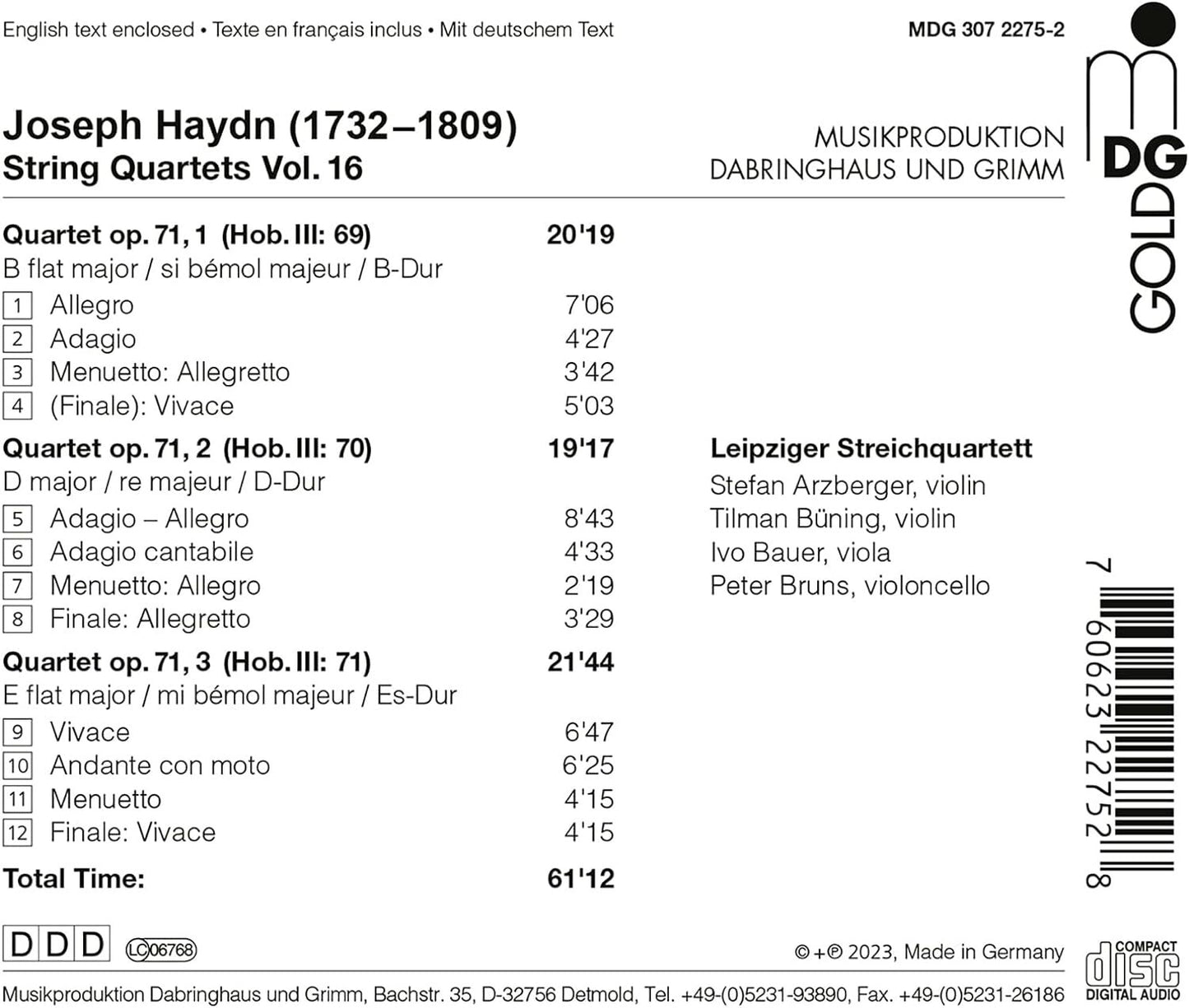 Joseph Haydn: String Quartets: Op. 71 No. 1-3 - Volume 16