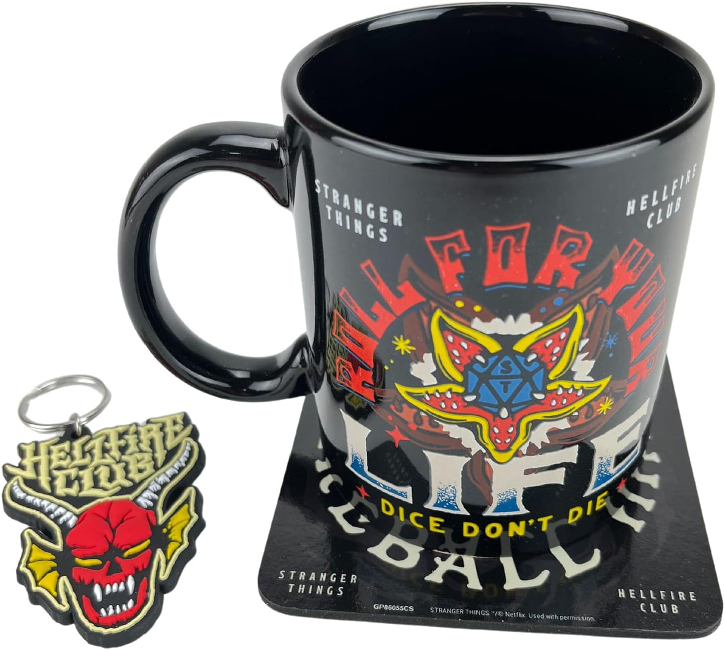 Pyramid International Stranger Things Gift Set with Mug, Coaster and Keyring in Presentation Gift Box (Hellfire Design) 11oz Ceramic Mug - Official Merchandise