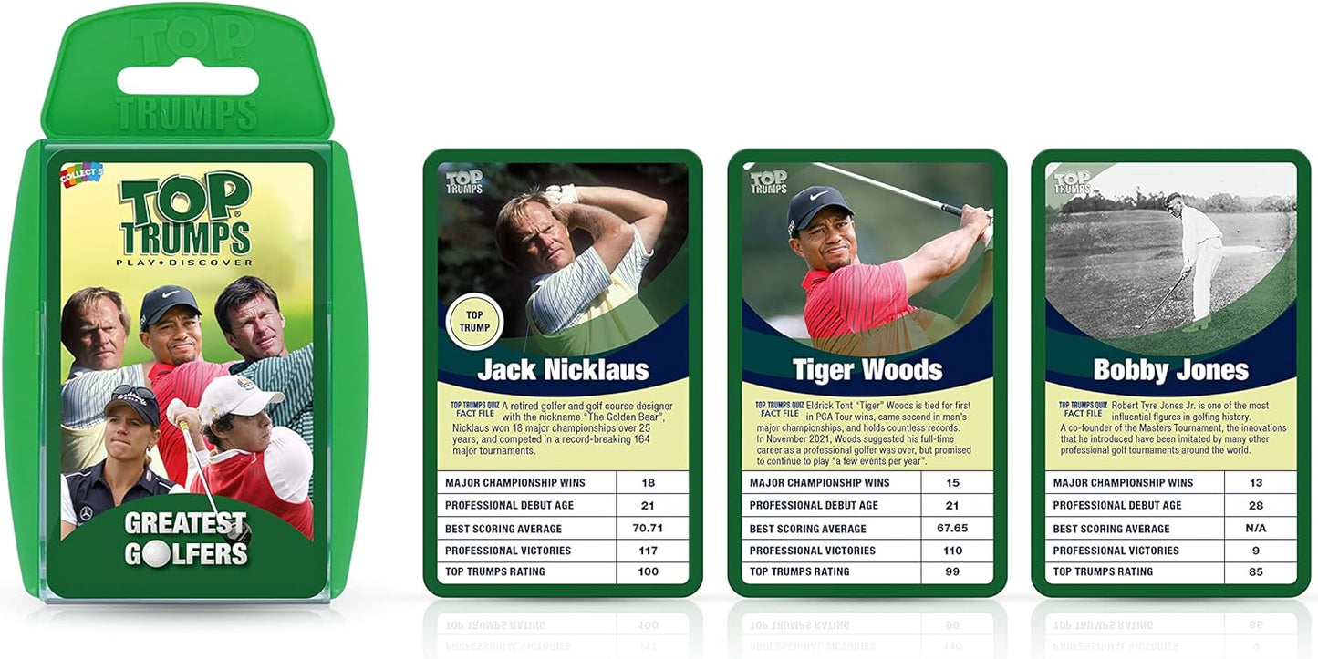 Top Trumps Golfers Classics Kartenspiel, Spielen Sie mit 30 der größten Golfer einschließlich Seve Ballesteros, Betsy King, Tiger Wood, Ben Hogan, entdecken Sie neue PGA- und LPGA-Fakten, 2+ Spiel für