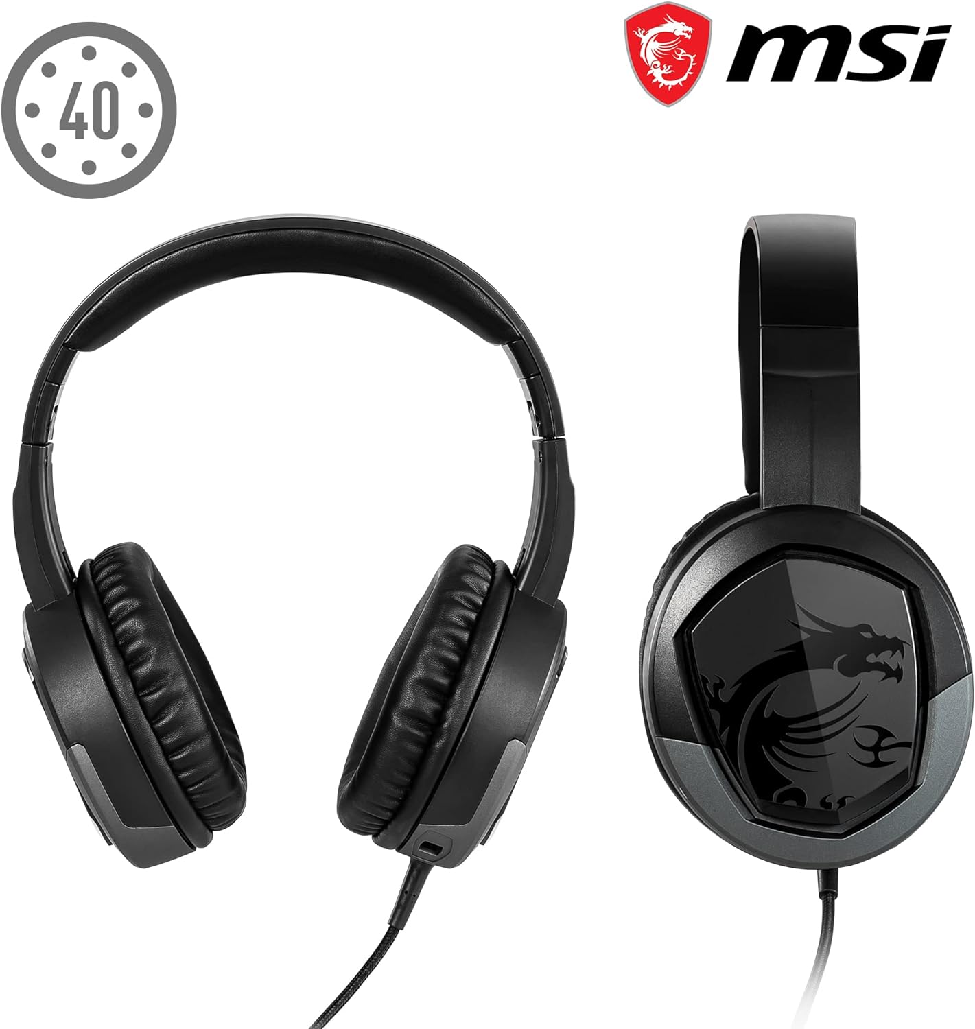 MSI IMMERSE GH30 V2 GAMING HEADSET - Stereo Headphones, Lightweight & Foldable Design, 40mm Neodymium Drivers, laptop, Detachable Mic, Inline Controls, 3.5mm Jack Connector & Y Cable Splitter - Wired HEADSET GH30