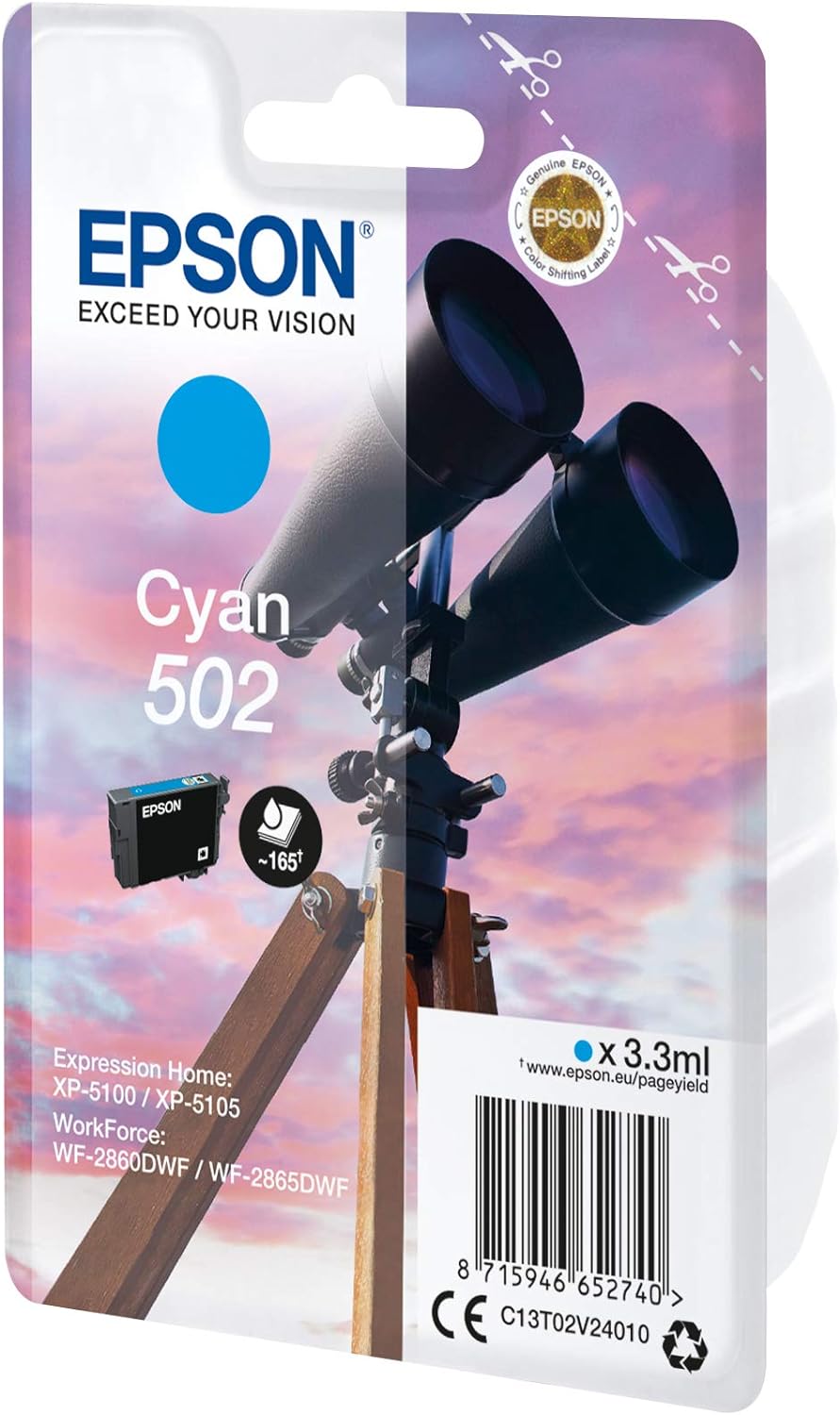 Epson Original 502 Ink Binoculars (XP-5100, XP-5105, WF-2860DWF, WF-2865DWF) - Cyan Standard - Normal Packaging