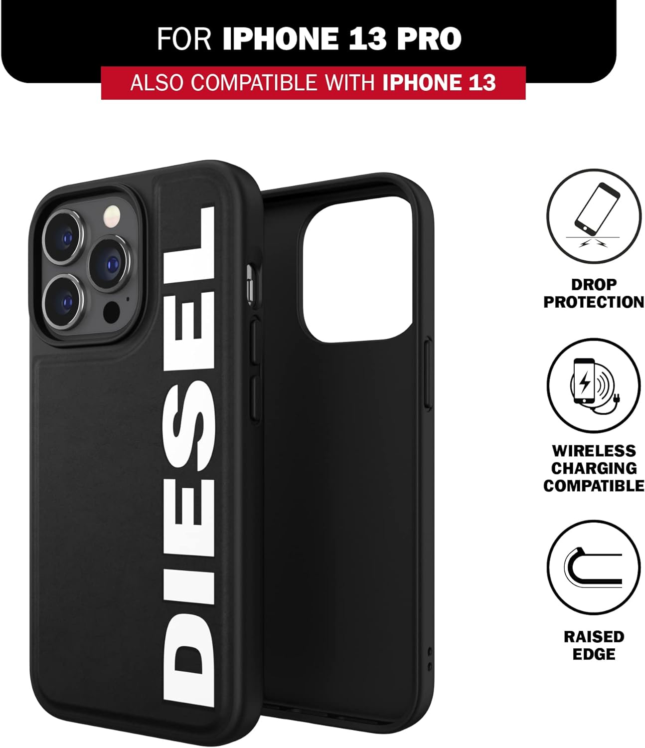 Diesel Designed for iPhone 13 / iPhone 13 Pro 6.1 Case, Moulded Core, Shockproof, Drop Tested Protective Cover with Raised Edges, Black/White