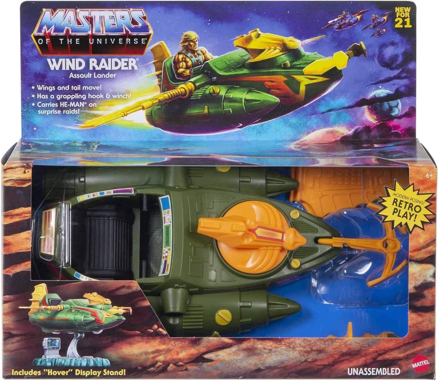 Masters of the Universe Origins Wind Raider Vehicle with Tow Hook, Retractable Cable & Display Stand for MOTU Storytelling Play and Display, Gift for Kids Age 6 Years and Older