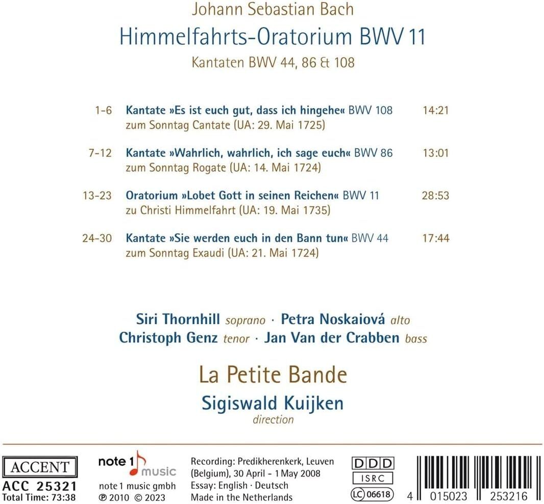 Johann Sebastian Bach: Himmelfahrts-Oratorium BWV11: Kantaten BWV44, 86 & 108