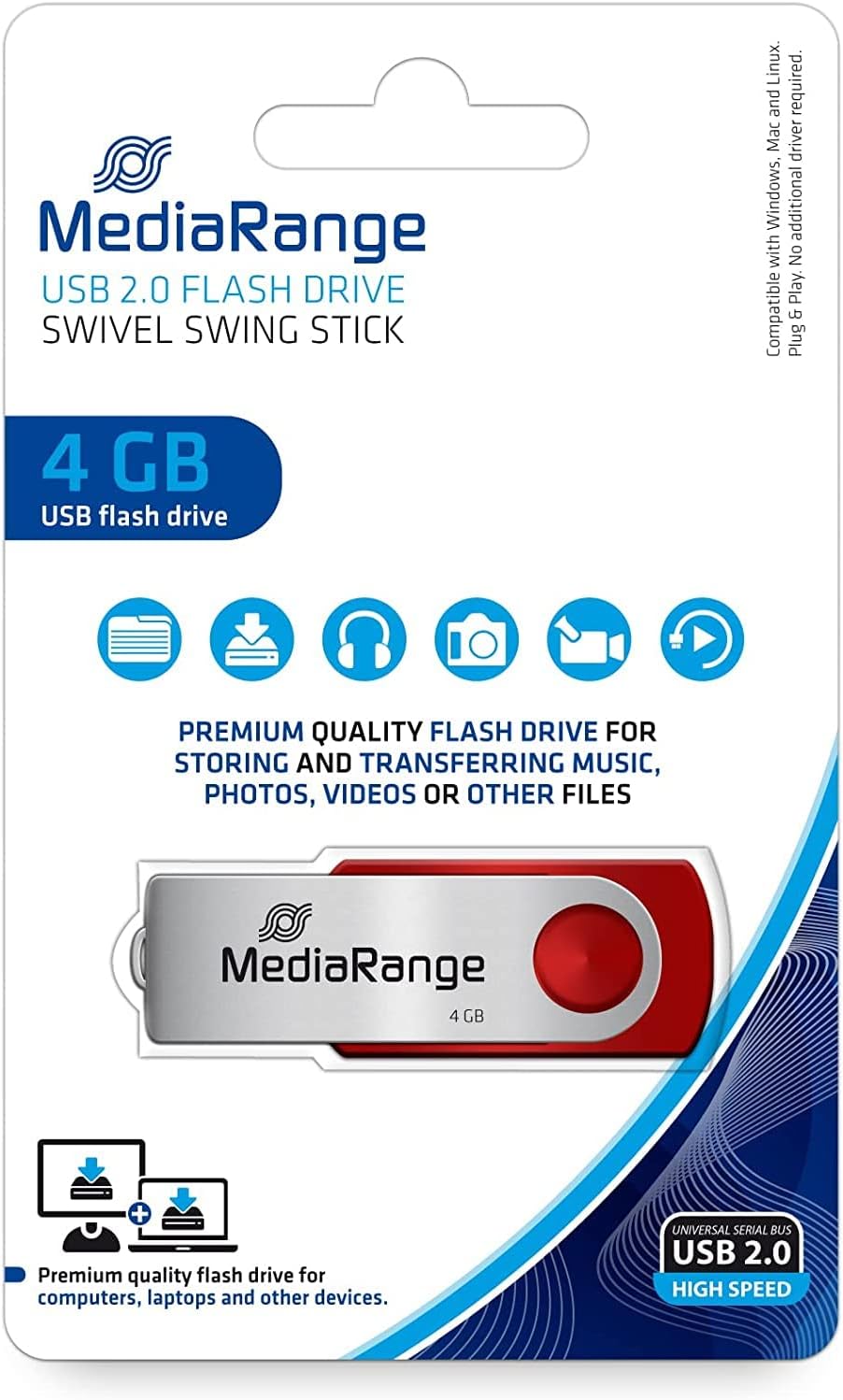 MediaRange USB 2.0 Memory Stick 4GB - Mini USB Flash Drive with Secure Swivel Cap Housing, External Memory Expansion with Read Speed of up to 17MB/s, Colour Red 4 GB