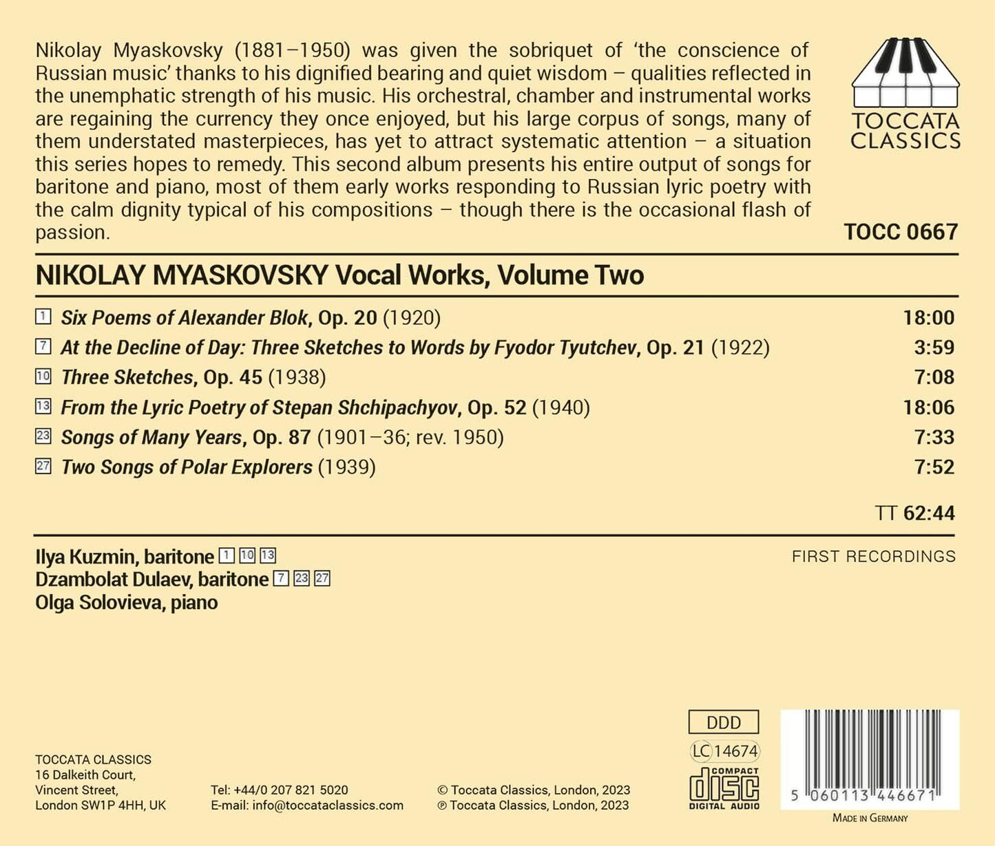 Nikolay Myaskovsky: Vocal Works: Complete Songs for Baritone and Piano - Volume 2