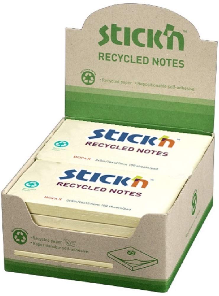Plastic Free 100% Recycled Sticky Notes Yellow 38 x 51mm Pack 12
