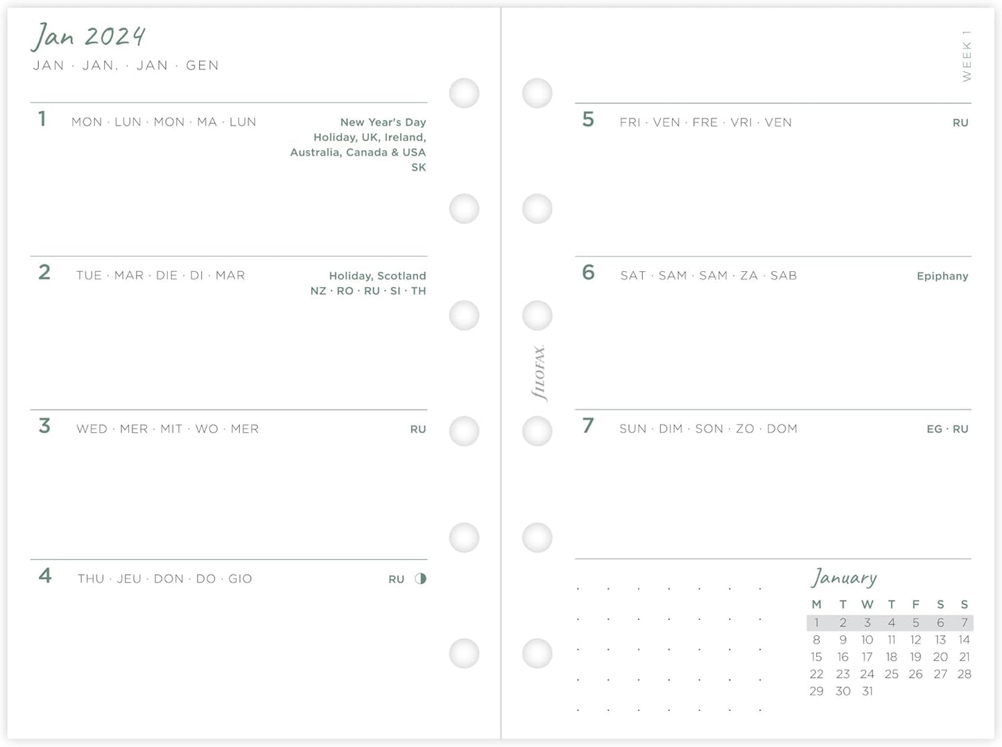 Filofax Pocket Eco Week on Two Pages 2024 diary with tabs,White