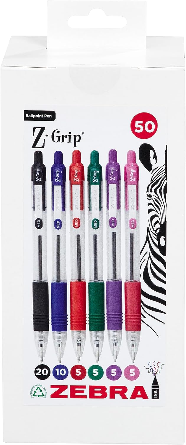 ZEBRA Z GRIP Assorted Ballpoint Pens, Retractable with Smooth Ink, Comfortable Grip and Pocket Clip Reliable Biro Medium Point 50 Pack 5 Assorted Colours