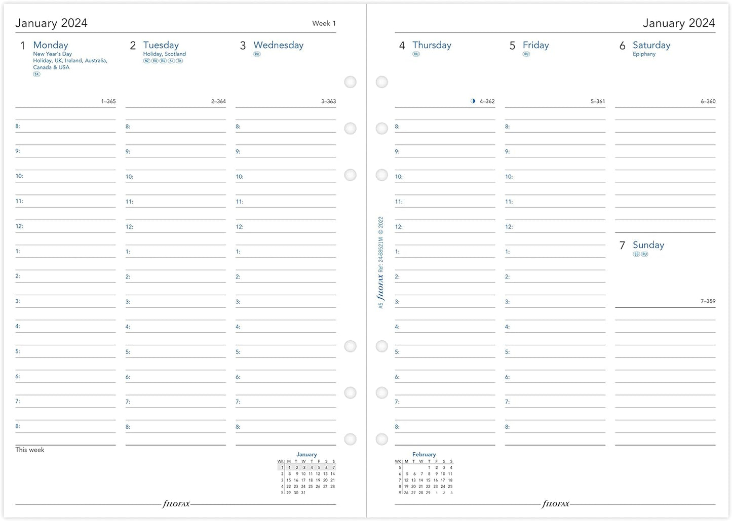 Filofax A5 Week on two pages column format English 2024 diary, White