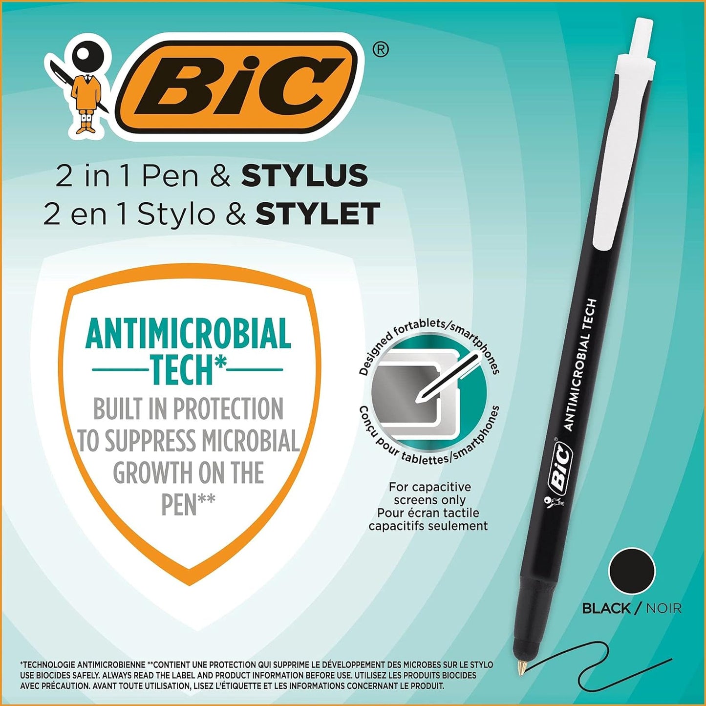 Bic 2-in-1 Retractable Touch Pens with Anti-Microbial Technology - Medium Point (1.0mm) - Black, Pack of 12