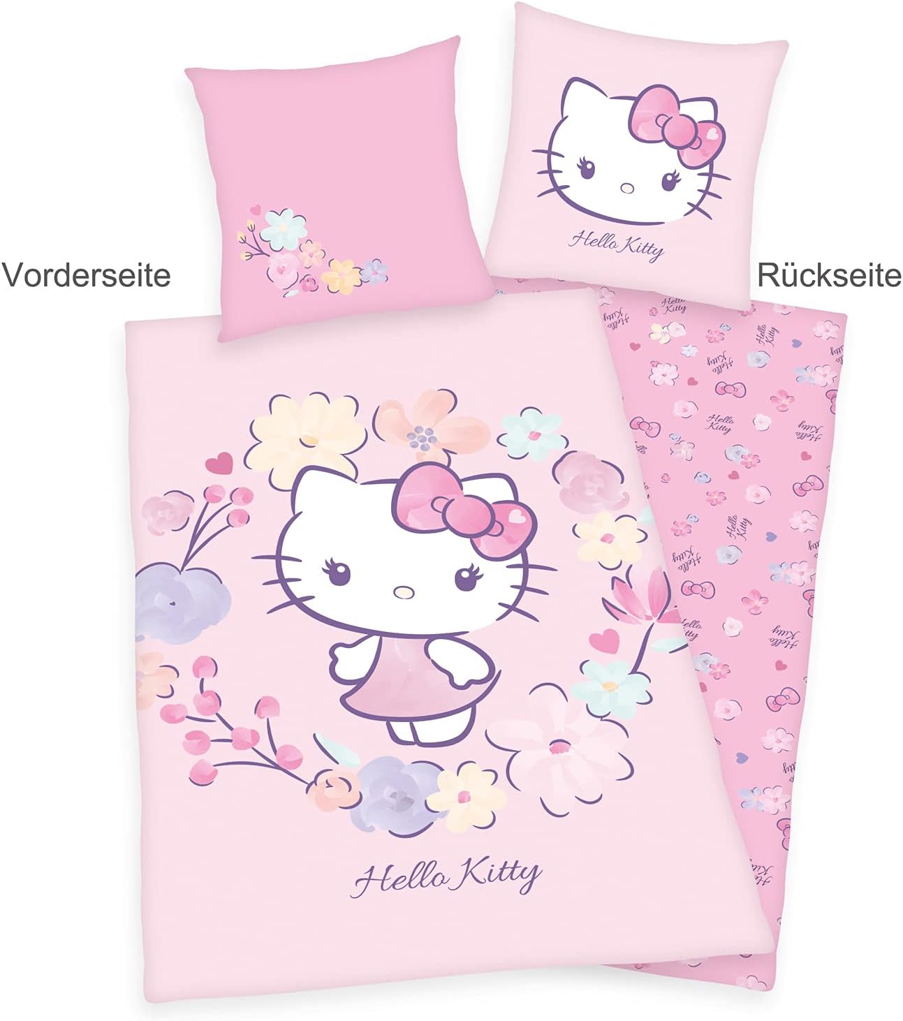 Herding Hello Kitty Bedding Set, Pillowcase 80 X 80 Cm, Duvet Cover 135 X 200 Cm, With Easy Zip, 100% Cotton/Renforcé 80 x 80 cm, 135 x 200 cm Rose
