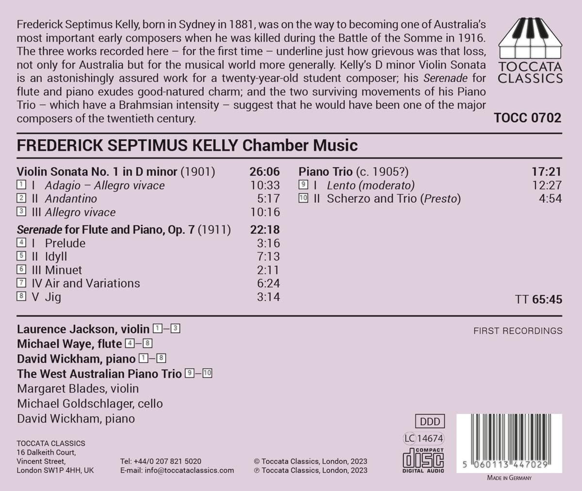 Frederick Septimus Kelly: Chamber Music (Serenade for Flute and Piano; Violin Sonata No. 1; Piano Trio