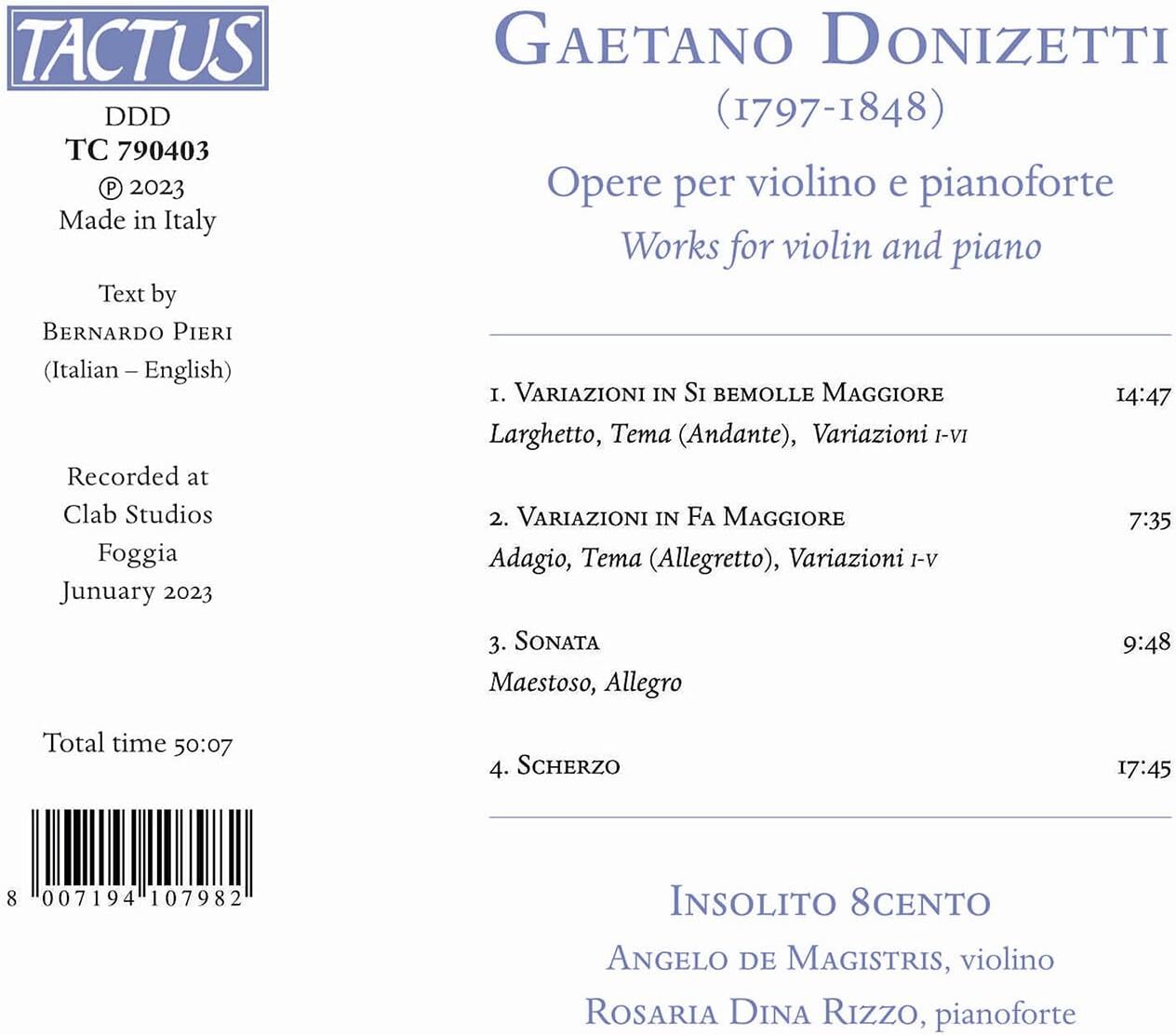 Gaetano Donizetti: Opere Per Violino E Pianoforte