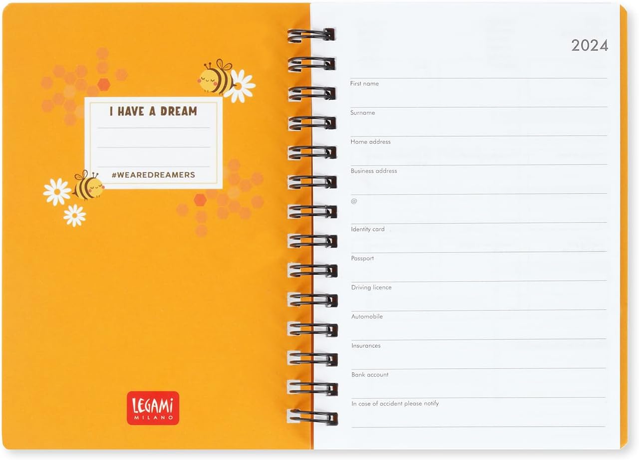 Legami - Spiral Weekly Diary Small, 12 Months, from January 2024 to December 2024, Folding Planner 2024/2025, Elastic Closure, Final Pocket, Address Book, 8.5x13 cm, Bee Theme
