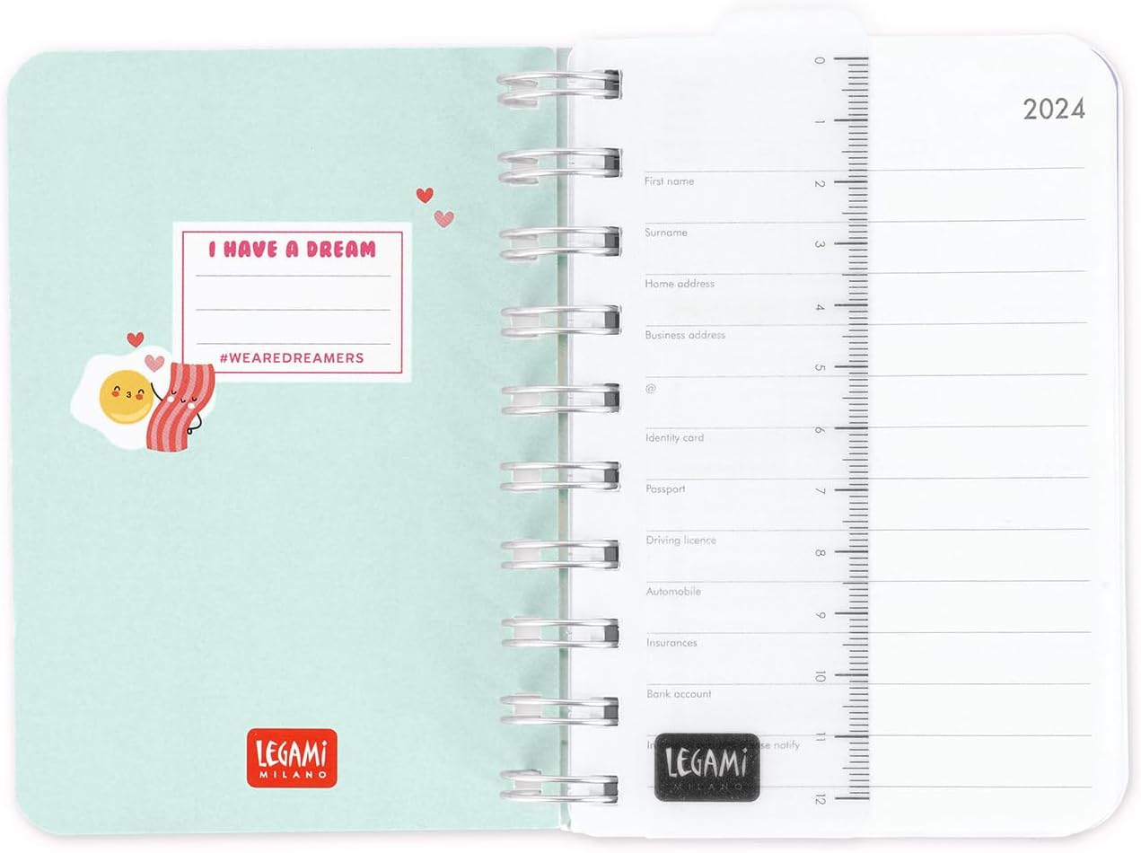 Legami - Small Spiral Daily Diary, 12 Months, from January 2024 to December 2024, Folding Planner 2024/2025, Elastic Closure, Final Pocket, Address Book, 8.5x13 cm, Egg Theme