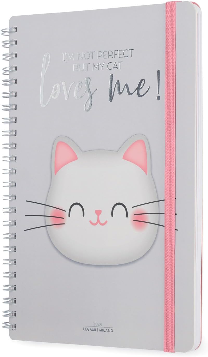 Legami - Large Spiral Weekly Calendar, 12 Months, from January 2024 to December 2024, Folding Planner 2024/2025, Elastic Closure, Final Pocket, Address Book, 15x21 cm, Kitty Theme KITTY file