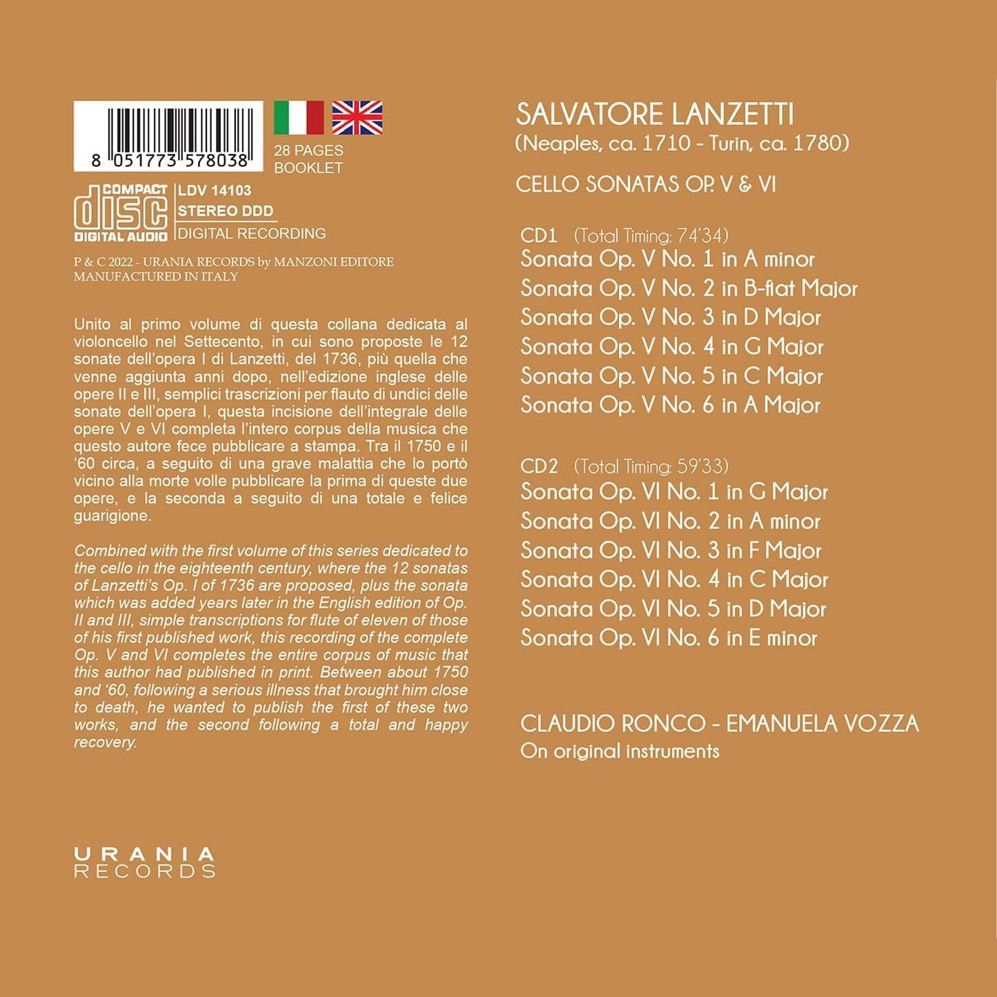 Salvatore Lanzetti: Cello Sonatas Op. V and VI
