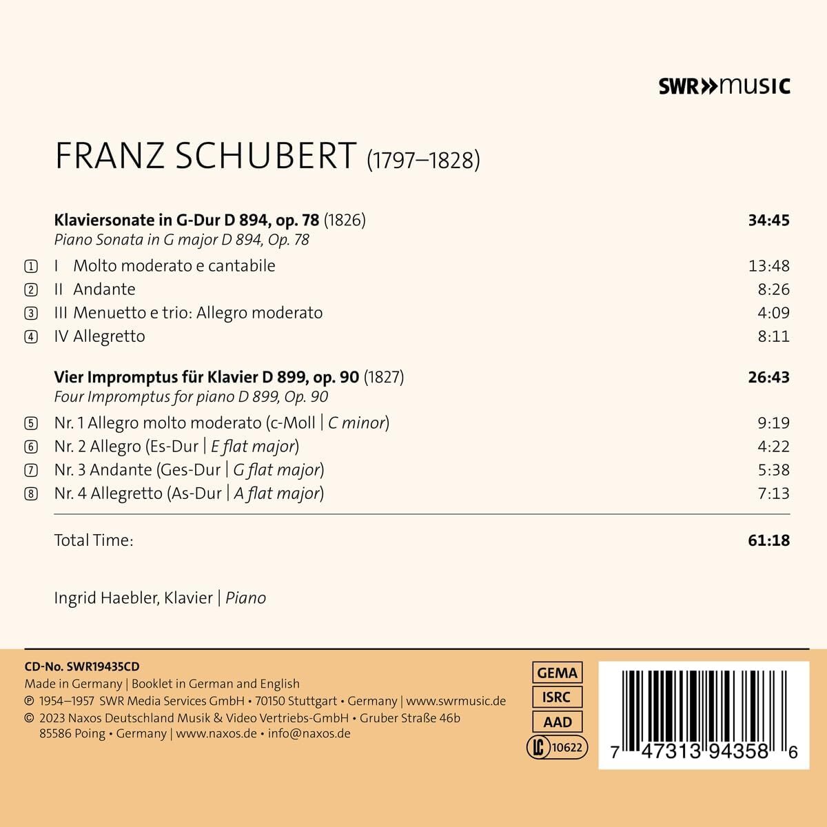 Franz Schubert: Four Impromptus D899, Op. 90/Piano Sonata in G...