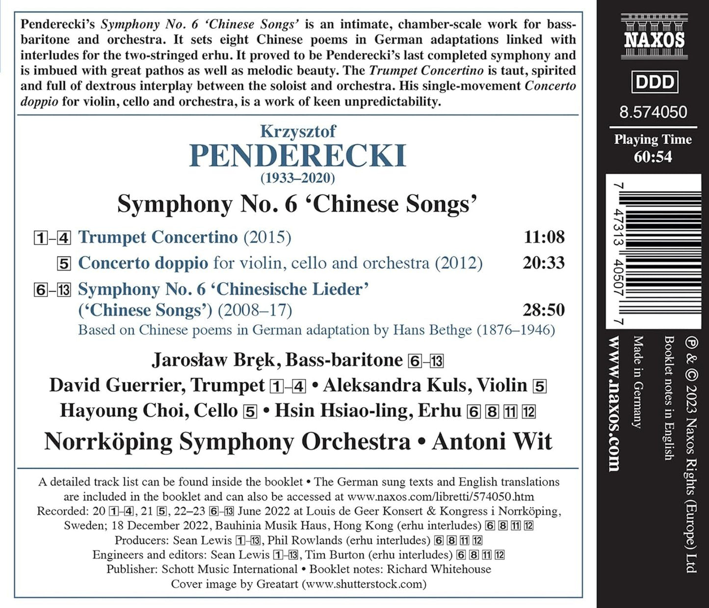Penderecki: Symphony No. 6 'Chinese Songs'/Trumpet Concertino/...