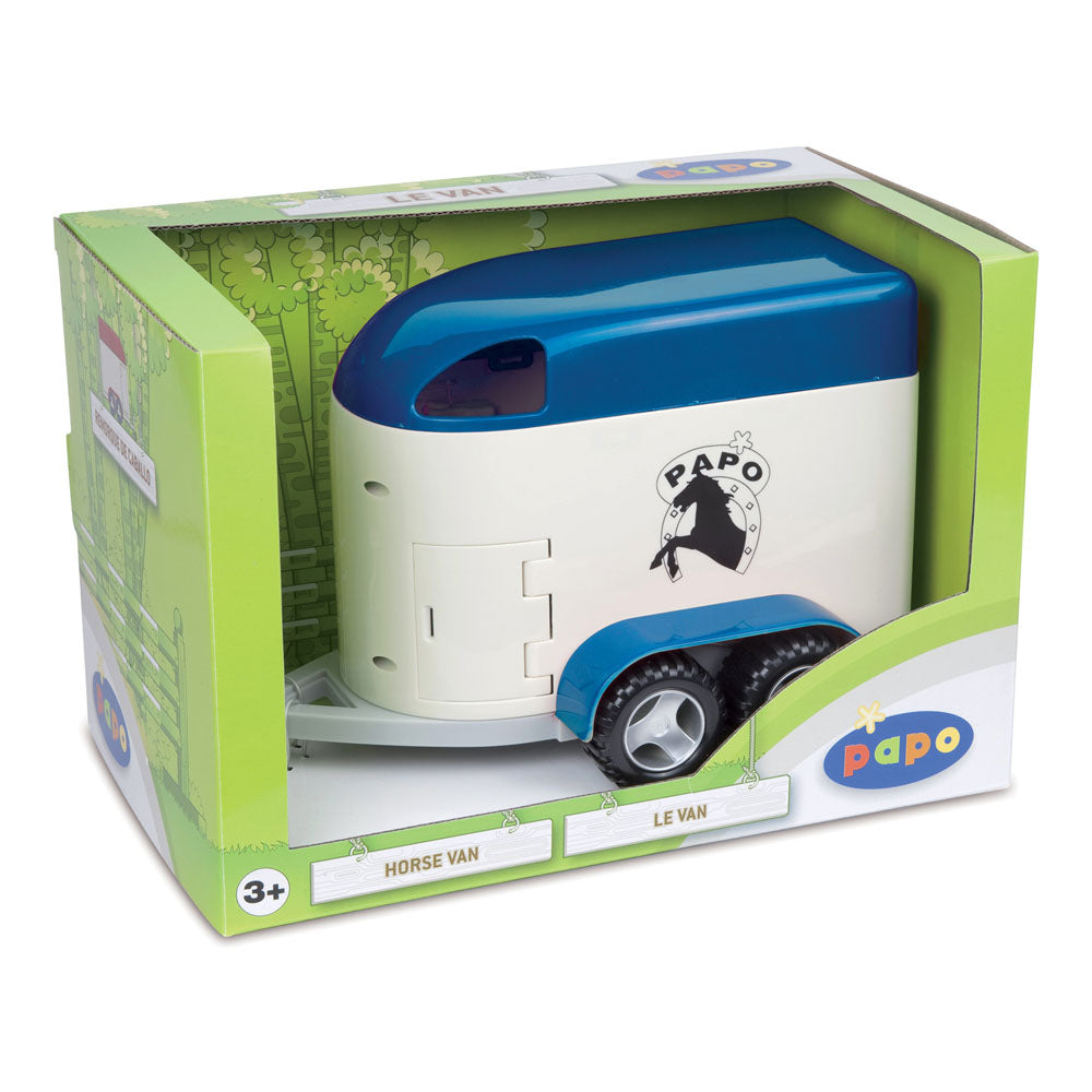 Papo 51434-Rimorchio Trasporto Cavalli, Plastica, Colore Bianco-Blu-Nero, 51434