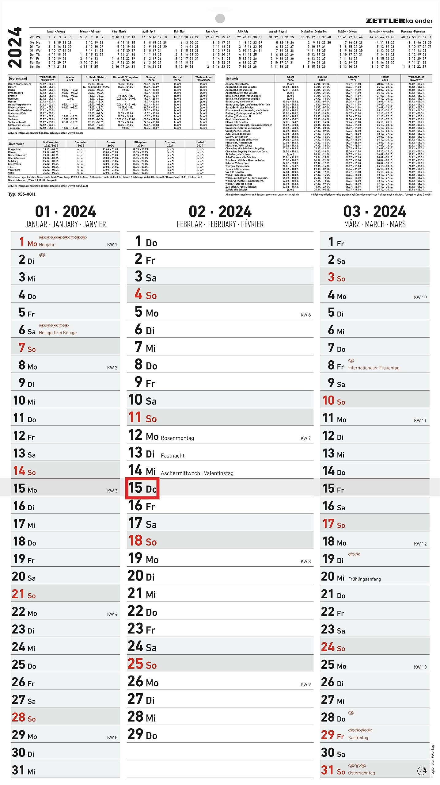 3-Monatskalender Streifenplaner 2024 33x58,8