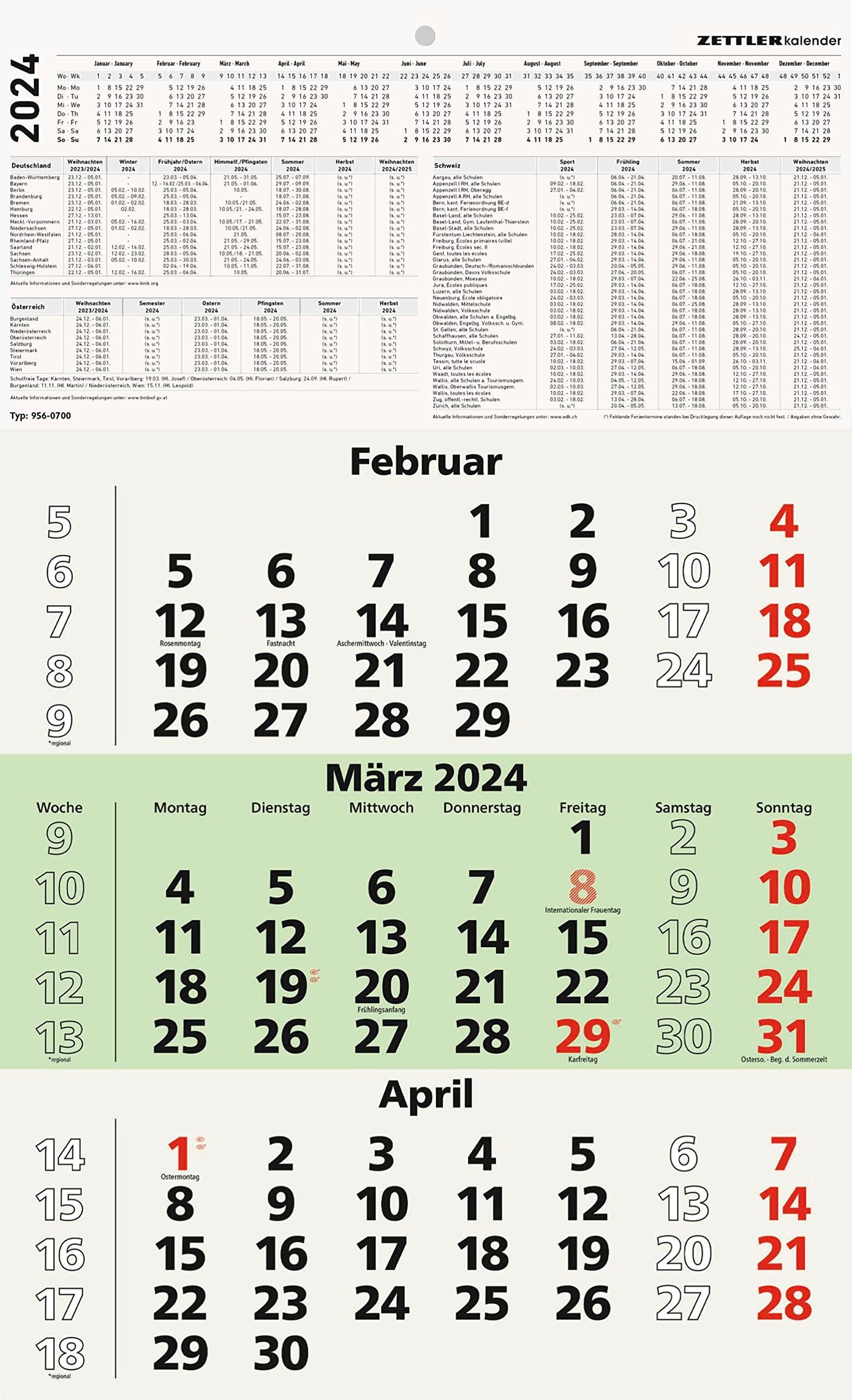 ZETTLER KALENDER 3-Monats-Wandkalender 2024